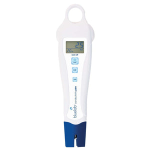 White and blue digital conductivity pen with LCD screen displaying 2.5 EC and 20°C, shown from a front-facing angle.