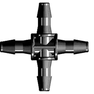 Black four-way cross irrigation barb connector for connecting tubing at a 90-degree intersection.
