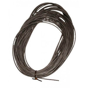 Coiled length of flexible, dark grey irrigation tubing tied together at the bottom on a plain white background.