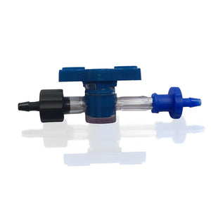 Blue irrigation ball valve with barbed ends, black locking nut, and clear tubing connector on white background.