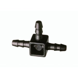 Black plastic T-shaped irrigation barbed connector fitting with three connection points for tubing.