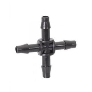 Black plastic four-way barbed cross connector for irrigation tubing, shown against a plain white background.