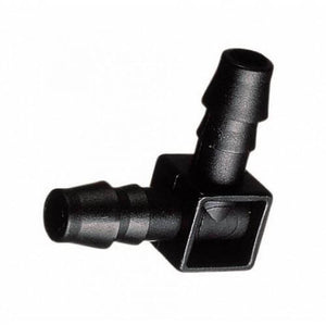 Black plastic L-shaped barbed irrigation elbow fitting with two hose connectors against a white background.