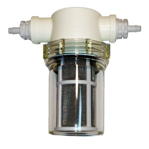 Inline water filter with a clear housing, internal mesh screen, and white threaded inlet and outlet ports.