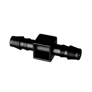 Black plastic barbed irrigation coupling with a square center fitting isolated on a white background.
