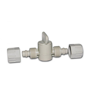 Light gray inline irrigation ball valve with threaded connectors and two matching end caps on a white background.