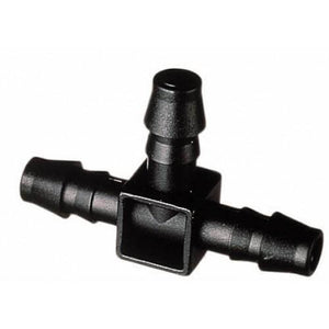 Black plastic T-connector for irrigation tubing with three barbed ends on a white background.