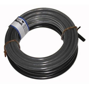 Coiled dark grey irrigation tubing for Tropf Blumat systems with a white brand label, isolated on white background.