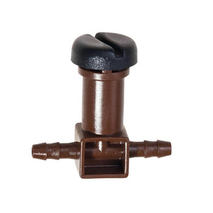 Brown plastic irrigation flow valve with black slotted control knob and barbed ends for tubing.