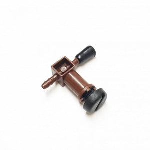 Brown irrigation flow control valve with black adjustment knob and barb fitting against a white background.