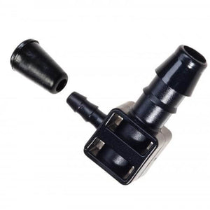 Black plastic irrigation elbow fitting with a detached cap, isolated on white background.
