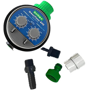 GreenTimer EVO irrigation controller with two adjustment dials and four assorted hose adapter fittings.