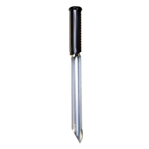 Metal soil sampler probe with black plastic handle, featuring a hollow, sharpened open-ended tube design.