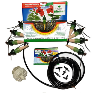 Tropf Blumat watering kit with 8 ceramic sensors, black tubing, hose connector, and instruction manual in box.