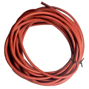 A coiled length of smooth, matte red flexible tubing secured with a black zip tie against a white background.