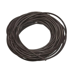 Coiled dark brown, opaque irrigation tubing for hydroponic systems, viewed from directly above on a white background.