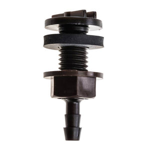 Black threaded plastic bulkhead fitting with a rubber gasket and barbed hose connector.