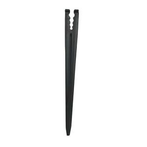 Black plastic irrigation support stake with a jagged, U-shaped top for holding tubing in place.
