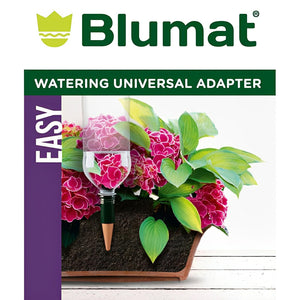 Blumat adapter with a terracotta stake inserted into soil in a potted plant with pink flowers and green leaves.