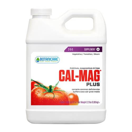 White plastic jug of Botanicare Cal-Mag Plus supplement with a tomato graphic on the front label.