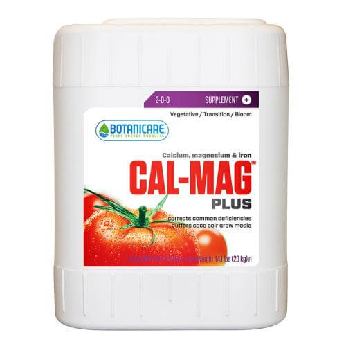 White 44.1lb container of Botanicare Cal-Mag Plus with label featuring red tomatoes and nutrient information.