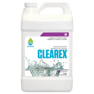 One-gallon white plastic jug of Botanicare Clearex rinsing solution with a splash graphic on the label.