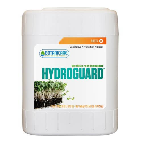 Five-gallon white jug of Botanicare Hydroguard root inoculant with label showing green sprouts and root system.