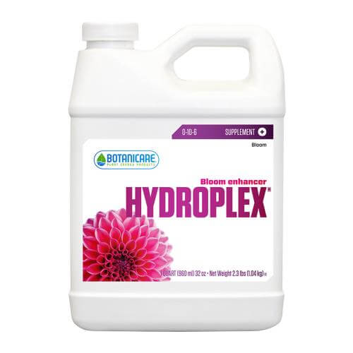 White 32oz jug of Botanicare Hydroplex bloom enhancer with a pink flower graphic on a white label against a white back.