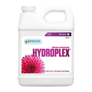 White 32oz jug of Botanicare Hydroplex bloom enhancer with a pink flower graphic on a white label against a white back.