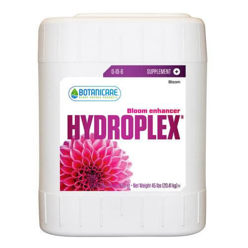 White 45lb jug of Botanicare Hydroplex bloom enhancer, featuring a label with a pink dahlia flower and 0-10-6 NPK.