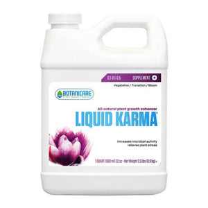 White 1-quart jug of Botanicare Liquid Karma plant supplement with a purple flower graphic on the label.