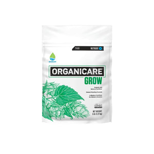 White 5 lb bag of OrganiCare Grow fertilizer with green leaf illustration, 7-6-9 NPK ratio, and OMRI listed seal.