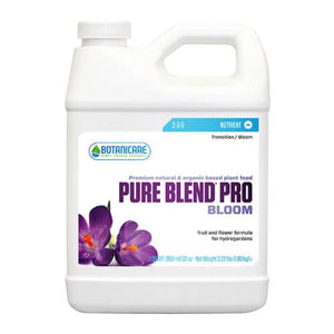 White 1-quart jug of Botanicare Pure Blend Pro Bloom plant nutrient with purple flower graphic on label.