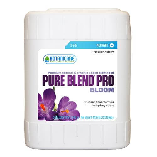 White 5-gallon jug of Botanicare bloom plant food with a 2-3-5 NPK ratio and purple flower graphic on the label.