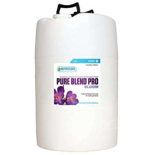 White 5-gallon jug of Botanicare Pure Blend Pro Bloom plant nutrient with black carry handle, isolated on white.
