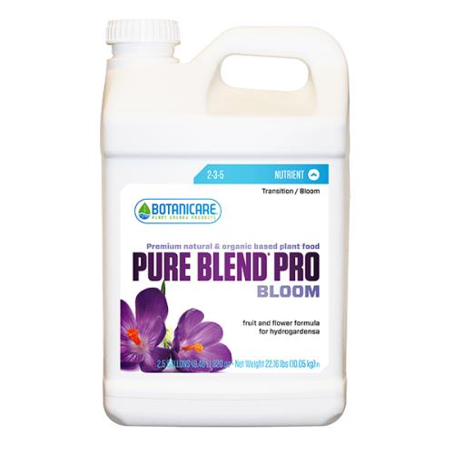2.5-gallon white jug of Botanicare Pure Blend Pro Bloom plant nutrient with purple flower graphic on the label.