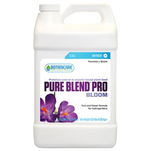 One-gallon white jug of Botanicare Pure Blend Pro Bloom plant nutrient with floral label.