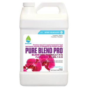 One-gallon white plastic jug of Botanicare Pure Blend Pro Bloom 1-4-5 plant nutrient with orchid flower image.