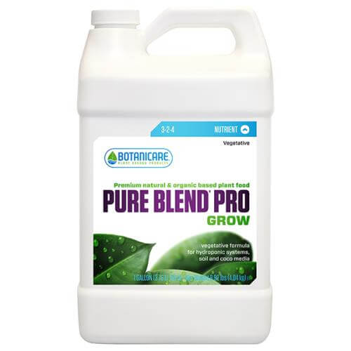 One-gallon white plastic jug of Botanicare Pure Blend Pro Grow nutrient featuring a vegetative formula and leaf image.