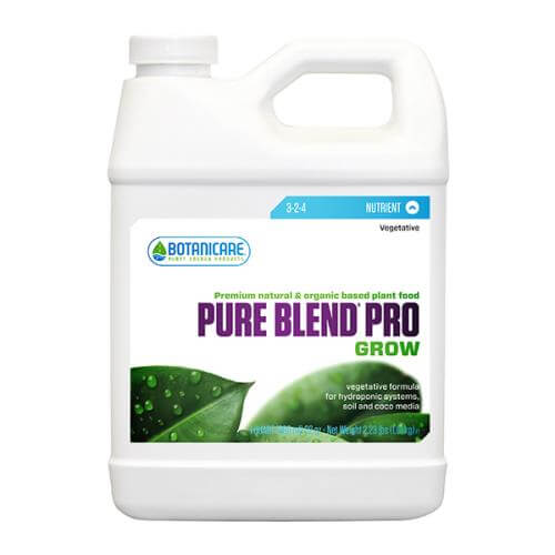 White 1-quart jug of Botanicare Pure Blend Pro Grow fertilizer with green leaf graphic on the front label.