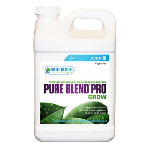 White 2.5-gallon jug of Botanicare Pure Blend Pro Grow nutrient with vegetative formula and leaf imagery.