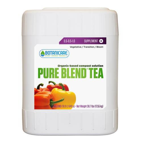 5-gallon white jug of Botanicare Pure Blend Tea fertilizer with a label showing yellow and red bell peppers.