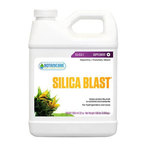 One-quart white plastic jug of Botanicare Silica Blast supplement with yellow text and a plant image on the label.