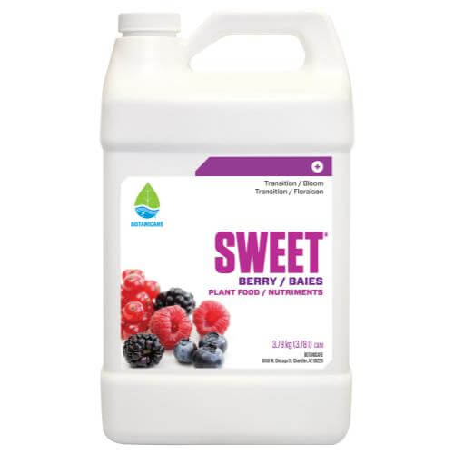 White 3.79kg jug of Botanicare Sweet Berry plant food with a label featuring fresh raspberries and blackberries.