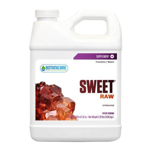 White 32oz jug of Botanicare Sweet Raw supplement featuring an orange crystal graphic on a clean white background.