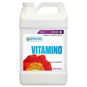 One gallon white plastic jug of Botanicare Vitamino supplement with a red poppy flower graphic on the label.