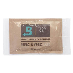 Brown 67g Boveda 62% humidity control packet in a clear plastic wrapper with brand logo and text.