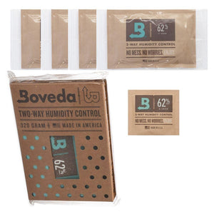 Boveda 62% humidity control packs: a large 320g unit, 67g pouches, and an 8g packet against a white background.