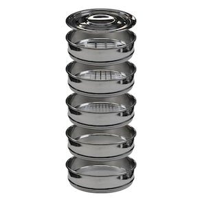 Stack of five circular stainless steel pollen extraction screens with a lid, shown in a vertical column.