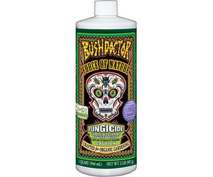 One quart bottle of Bush Doctor Force of Nature fungicide with a decorative skull graphic on a green label.